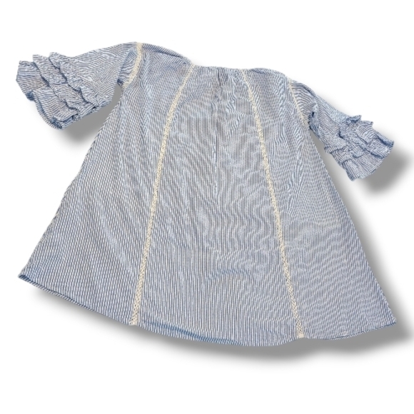 Next Blue and White Striped Blouse, Boho, 3/4 Sleeves With Ruffles & Embroidery - Picture 2 of 11